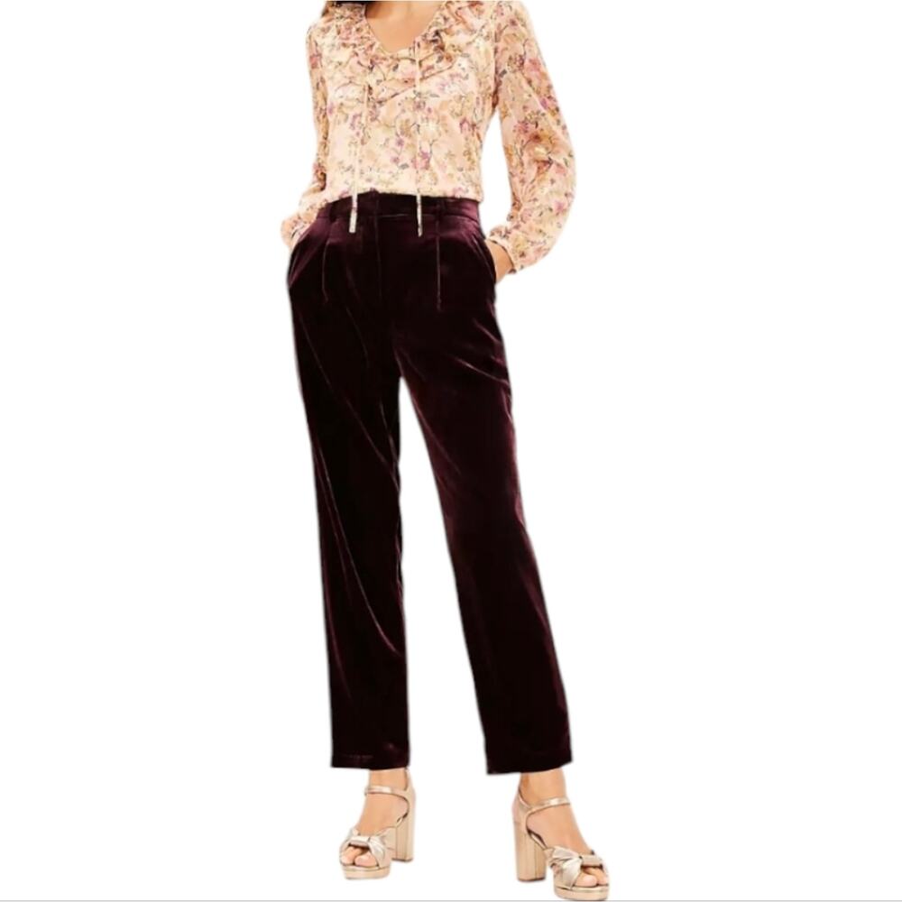 Loft Crushed Blackberry Pleated Velvet Tapered Leg Back Elastic Comfy Pants 14